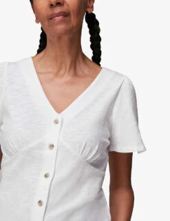 Whistles V-neck Button Placket Cotton T-shirt -Whistles Closet Shop R03750199 WHITE ALT04