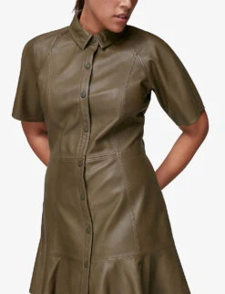 Whistles Button-down Flared Leather Mini Dress 8 Whistles Button-down Flared Leather Mini Dress -Whistles Closet Shop R03776767 KHAKIOLIVE ALT03