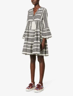 Devotion Twins Ella Flared-sleeve Cotton Mini Dress 7 Devotion Twins Ella Flared-sleeve Cotton Mini Dress -Whistles Closet Shop R03886532 BLACKOFFWHITE ALT02