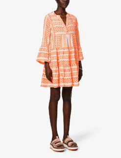 Devotion Twins Ella Flared-sleeve Stretch-cotton Mini Dress 7 Devotion Twins Ella Flared-sleeve Stretch-cotton Mini Dress -Whistles Closet Shop R03886533 NEONORANGEOFFWHITE ALT02