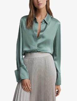 Reiss Hailey Point-collar Silk Shirt 7 Reiss Hailey Point-collar Silk Shirt -Whistles Closet Shop R03936913 SAGE ALT02
