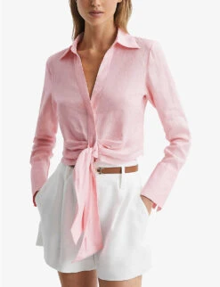 Reiss Dahlia Point-collar Tie-waist Linen Shirt -Whistles Closet Shop R04082353 PINK ALT02