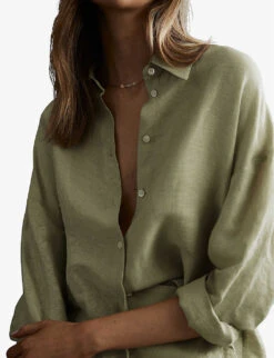 Reiss Ellis Long-sleeved Oversized Linen-blend Shirt -Whistles Closet Shop R04082359 KHAKI ALT04