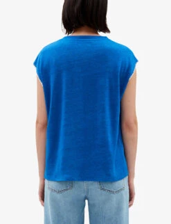 CLAUDIE PIERLOT Contrast Embroidered-trim Linen T-shirt 8 CLAUDIE PIERLOT Contrast Embroidered-trim Linen T-shirt -Whistles Closet Shop R04103524 BLEUS ALT03