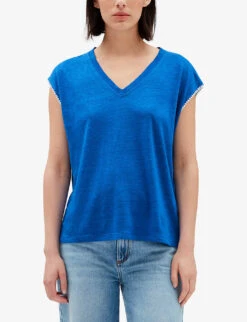 CLAUDIE PIERLOT Contrast Embroidered-trim Linen T-shirt 9 CLAUDIE PIERLOT Contrast Embroidered-trim Linen T-shirt -Whistles Closet Shop R04103524 BLEUS ALT04