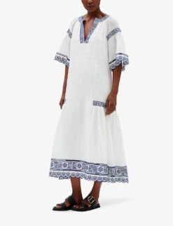 CLAUDIE PIERLOT Embroidered Scalloped-trim Ramie-blend Midi Dress -Whistles Closet Shop R04103535 NATURELS ALT02