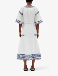 CLAUDIE PIERLOT Embroidered Scalloped-trim Ramie-blend Midi Dress -Whistles Closet Shop R04103535 NATURELS ALT03