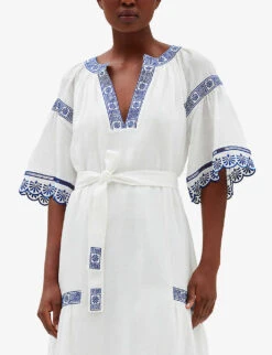 CLAUDIE PIERLOT Embroidered Scalloped-trim Ramie-blend Midi Dress -Whistles Closet Shop R04103535 NATURELS ALT04