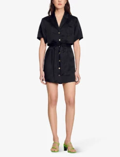 Sandro Julienne Tied-waist Cut-out Woven Mini Dress 7 Sandro Julienne Tied-waist Cut-out Woven Mini Dress -Whistles Closet Shop R04111173 NOIRGRIS ALT02