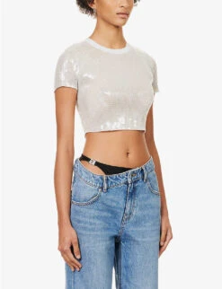 ALEXANDER WANG Sequin-embellished Cropped Woven T-shirt -Whistles Closet Shop R04117974 SNOWWHITE ALT02