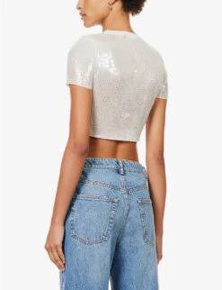 ALEXANDER WANG Sequin-embellished Cropped Woven T-shirt -Whistles Closet Shop R04117974 SNOWWHITE ALT03
