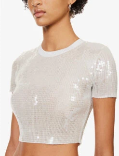 ALEXANDER WANG Sequin-embellished Cropped Woven T-shirt -Whistles Closet Shop R04117974 SNOWWHITE ALT04
