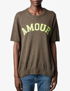 Zadig & Voltaire Ida Amour-slogan Cashmere T-shirt 7 Zadig & Voltaire Ida Amour-slogan Cashmere T-shirt -Whistles Closet Shop R04119653 KAKI ALT02