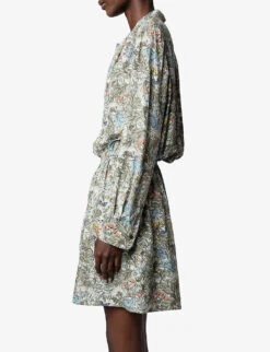 Zadig & Voltaire Rinka Floral-print Flounced-skirt Woven Mini Dress -Whistles Closet Shop R04126794 KAKI ALT02