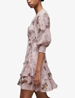 AllSaints Ari Peggy Wrap-front Floral-print Woven Mini Dress -Whistles Closet Shop R04131371 DUSTYPINK ALT02