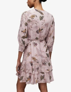 AllSaints Ari Peggy Wrap-front Floral-print Woven Mini Dress -Whistles Closet Shop R04131371 DUSTYPINK ALT03