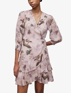 AllSaints Ari Peggy Wrap-front Floral-print Woven Mini Dress -Whistles Closet Shop R04131371 DUSTYPINK ALT04