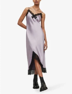 AllSaints Praia Lace-trim Asymmetric-hem Woven Midi Dress -Whistles Closet Shop R04132655 VIOLETPURPLE ALT02