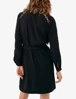 Ikks Ladder-stitch Belted Woven Mini Shirt Dress -Whistles Closet Shop R04133256 BLACK ALT02