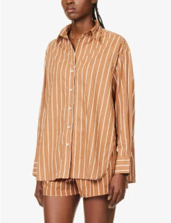 Faithfull The Brand Daija Striped Split-sides Cotton Shirt -Whistles Closet Shop R04135574 ADIASTRIPEPRTHAZELNUT ALT02