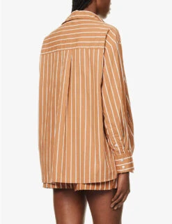 Faithfull The Brand Daija Striped Split-sides Cotton Shirt -Whistles Closet Shop R04135574 ADIASTRIPEPRTHAZELNUT ALT03
