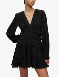 AllSaints Zora Ruffled Woven Mini Dress -Whistles Closet Shop R04136396 BLACK ALT02