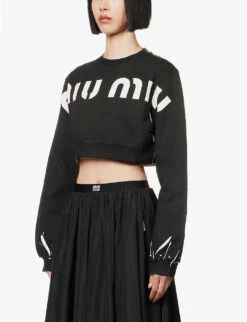 Miu Miu Logo-pattern Cropped Cotton-jersey Sweatshirt -Whistles Closet Shop R04149741 NERO ALT02