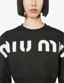 Miu Miu Logo-pattern Cropped Cotton-jersey Sweatshirt -Whistles Closet Shop R04149741 NERO ALT04
