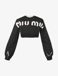 Miu Miu Logo-pattern Cropped Cotton-jersey Sweatshirt