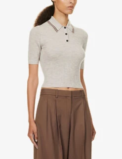 THEORY Polo-collar Contrast-trim Wool-blend Top 7 THEORY Polo-collar Contrast-trim Wool-blend Top -Whistles Closet Shop R04152426 MELANGEBROWNPECAN ALT02