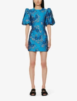 Ganni Puffed-sleeve Open-back Floral-jacquard Woven Mini Dress 7 Ganni Puffed-sleeve Open-back Floral-jacquard Woven Mini Dress -Whistles Closet Shop R04152899 BRILLIANTBLUE ALT02