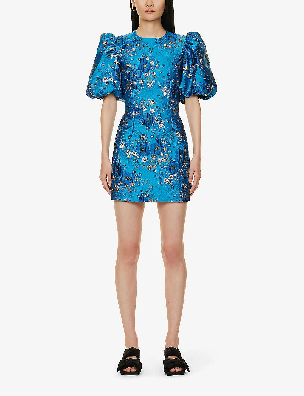 Ganni Puffed-sleeve Open-back Floral-jacquard Woven Mini Dress 3 Ganni Puffed-sleeve Open-back Floral-jacquard Woven Mini Dress - Image 3
