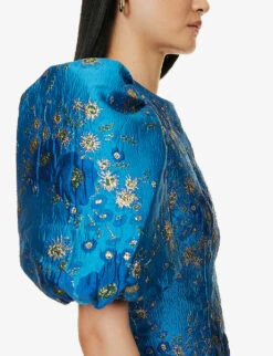 Ganni Puffed-sleeve Open-back Floral-jacquard Woven Mini Dress 9 Ganni Puffed-sleeve Open-back Floral-jacquard Woven Mini Dress -Whistles Closet Shop R04152899 BRILLIANTBLUE ALT04