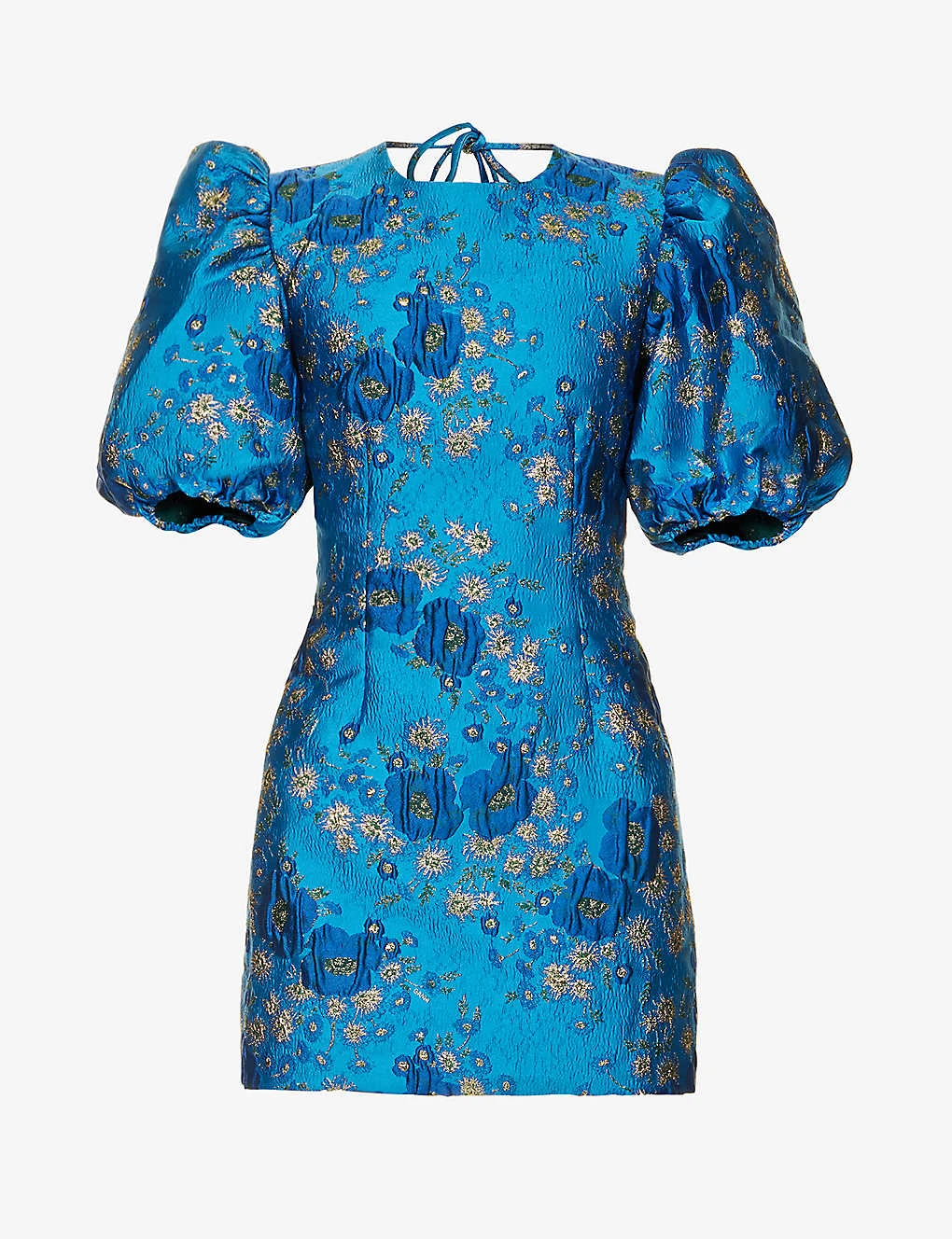 Ganni Puffed-sleeve Open-back Floral-jacquard Woven Mini Dress 1 Ganni Puffed-sleeve Open-back Floral-jacquard Woven Mini Dress