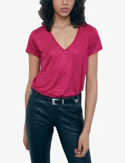 Ikks V-neck Short-sleeved Linen T-shirt 7 Ikks V-neck Short-sleeved Linen T-shirt -Whistles Closet Shop R04156271 PURPLE ALT02