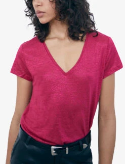 Ikks V-neck Short-sleeved Linen T-shirt 9 Ikks V-neck Short-sleeved Linen T-shirt -Whistles Closet Shop R04156271 PURPLE ALT04