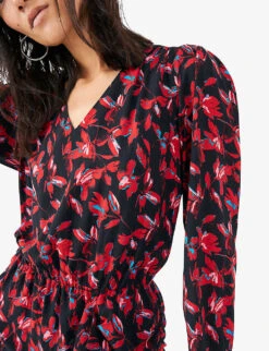 Ikks Floral-print Long-sleeved Woven Mini Dress -Whistles Closet Shop R04156296 RED ALT03