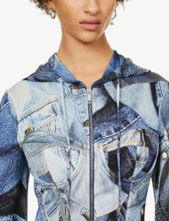 MOSCHINO Denim-patchwork Hooded Stretch-mesh Mini Dress -Whistles Closet Shop R04162973 FANTASYPRINT ALT04