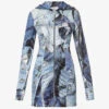 MOSCHINO Denim-patchwork Hooded Stretch-mesh Mini Dress