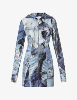 MOSCHINO Denim-patchwork Hooded Stretch-mesh Mini Dress