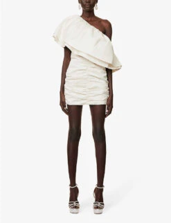 ROTATE Birger Christensen Ruched Asymmetric-neckline Recycled-polyester Mini Dress 7 ROTATE Birger Christensen Ruched Asymmetric-neckline Recycled-polyester Mini Dress -Whistles Closet Shop R04166498 EGRET ALT02