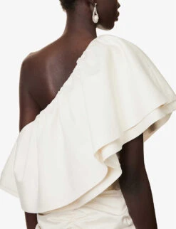 ROTATE Birger Christensen Ruched Asymmetric-neckline Recycled-polyester Mini Dress 9 ROTATE Birger Christensen Ruched Asymmetric-neckline Recycled-polyester Mini Dress -Whistles Closet Shop R04166498 EGRET ALT04