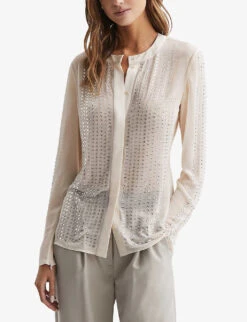 Reiss Robyn Rhinestone-embellished Woven Blouse -Whistles Closet Shop R04169210 CREAM ALT02