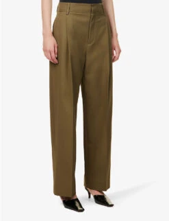 Pleated Wide-leg High-rise Organic-cotton Trousers -Whistles Closet Shop R04173368 LODENGREEN ALT02