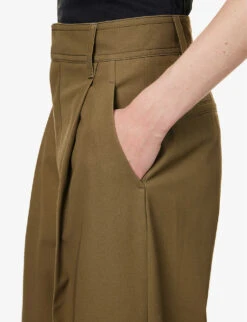 Pleated Wide-leg High-rise Organic-cotton Trousers -Whistles Closet Shop R04173368 LODENGREEN ALT04