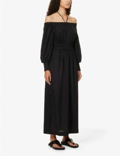 ME AND EM Puff-sleeves Split-hem Linen-blend Maxi Dress -Whistles Closet Shop R04181894 BLACK ALT02