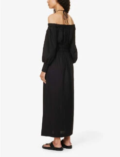 ME AND EM Puff-sleeves Split-hem Linen-blend Maxi Dress -Whistles Closet Shop R04181894 BLACK ALT03