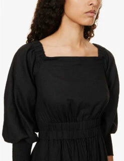 ME AND EM Puff-sleeves Split-hem Linen-blend Maxi Dress -Whistles Closet Shop R04181894 BLACK ALT04