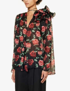 Magda Butrym Floral-embellished Relaxed-fit Silk Blouse -Whistles Closet Shop R04183228 BLACK ALT02