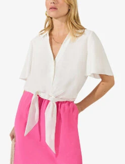 Flutter-sleeve Self-tie Relaxed-fit Woven Shirt -Whistles Closet Shop R04185925 WHITE ALT02